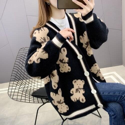 Net Red Bear Knitted Sweater Cardigan Womens Mid-length 2021Loose Korean Version of The V-neck Jacket Oversized Cardigan