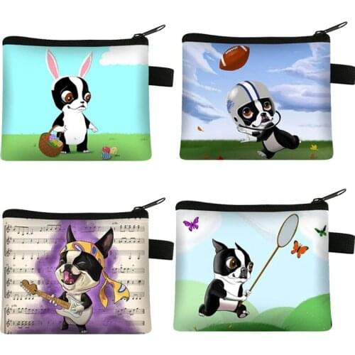 Cute Boston Terrier Pug Printing Pattern Mini Wallet Cartoon Dog Keychain Zipper Coin Bag Pouch Women Coin Purse