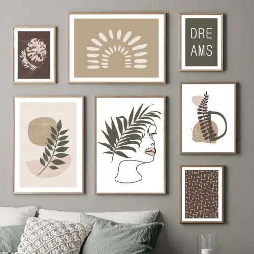 Nordic Poster Sunshine Mountain Leaf Monstera Girl Abstract Wall Art Print Canvas Painting Wall Pictures For Living Room Decor