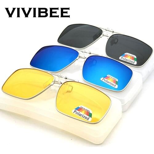 VIVIBEE Mens Metal Clip on Sunglasses for Myopia Eyeglasses Polarized UV400 Women Square Night Vision Driving Sun Glasses
