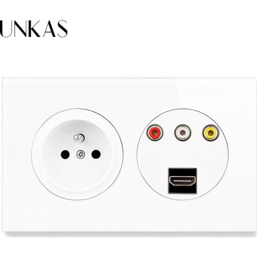 UNKAS HDMI-Compatible 2.0 VIDEO L/R FL+FR Channels Port 16A French 146 Wall Glass Socket Multimedia Adapter HD Converter Box