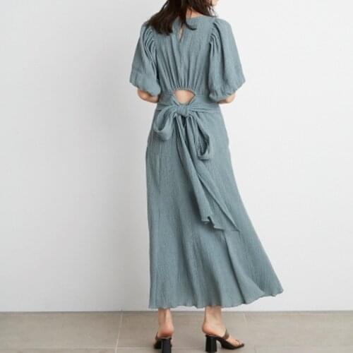 Sexy Chic Hollow Out Drawstring Design Woman Dress Puff Sleeve High Waist Slim Vestidos 2021 Summer Elegant Temperament Robe