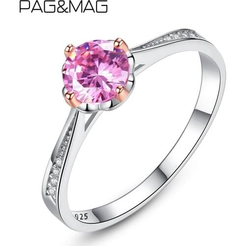 PAG&MAG Real Sterling Silver 925 Topaz Rings For Women Pink Gemstone Solitaire Ring Korean Solid Silver 925 Ring Jewelry Anillo