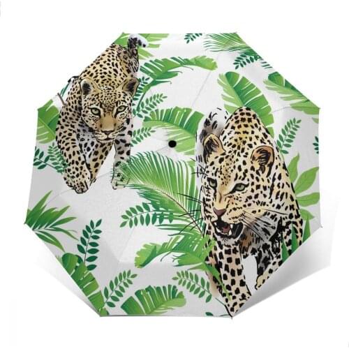 Sunny Umbrella Leopards Palm Leaves Tropical Automatic folding portable women umbrella Sunscreen rain Windproof beach parasol