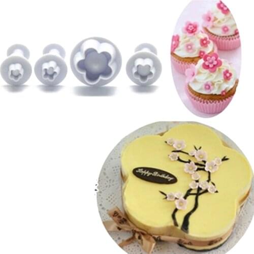 4 Pieces Food Cookie Mould Plum Blossom Embossing Die Plastic Baking Tools for Biscuit Mousse Cake