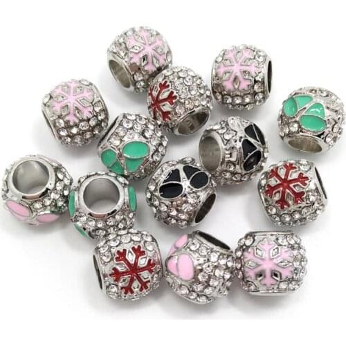 Free shipping New 20pcs 12mm Round Snowflakes and Bells Large Hole Beads fit European Charms Bracelet DIY Christmas Gift
