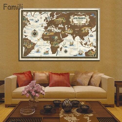 Canvas Art Print Vintage Home Decor World Map Painting Calligraphy Brawn Old Map of The World Retro Pictures (No Frame)