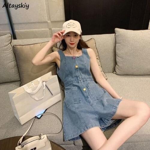 Playsuits Women Loose Retro Simple Blue Denim All-match Minimalist Summer Basic Girls Rompers Daily Leisure Female Clothes Ins