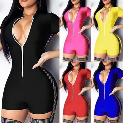 2020 WomenS Summer Sexy V-Neck Short Sleeve Bodycon Bodysuit Casual Jumpsuit Solid Color Shorts Romper Leotard Jumpsuit