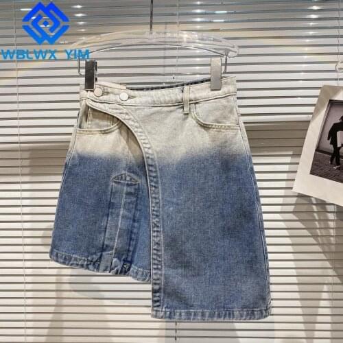 Summer Package Hip Denim Skirt Women Pocket Fashion Patchwork Asymmetry Mini Skirt Female Loose Plus Size High waist Jeans Skirt