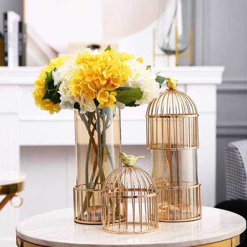 Fashion Birdcage Vase Home Decoration Accessories Modern Living Room Glass Vase Gold Flower Pot Wedding Table Centerpieces Decor
