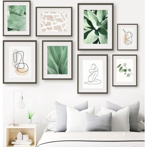 Green Leaf Flower Abstract Girl Lines Wall Art Canvas Painting Nordic Posters And Prints Wall Pictures For Living Room Decor