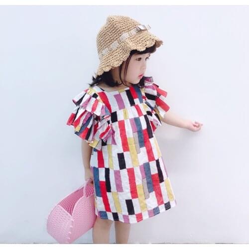 2020 Summer New Girls Dress Colourful Block Flying Sleeve Dress Korean American Style Clothes Fashion Baby Girls Clothing