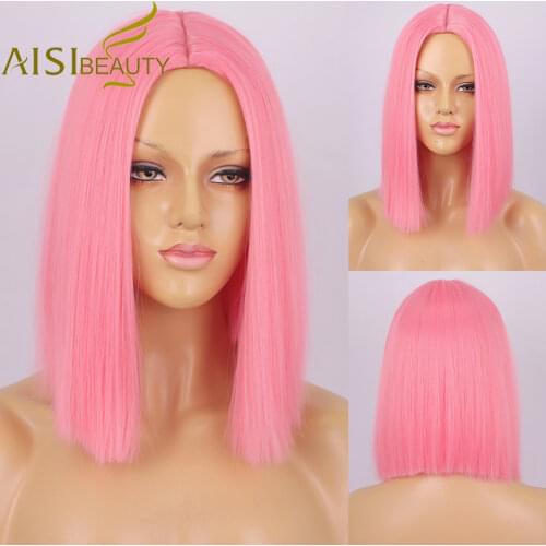 AISI BEAUTY Synthetic Wig Pink Short Straight Bob Wigs for Women Red Orange Purple Middle Point Halloween Cosplay Wigs
