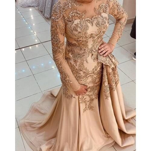 Detachable Train Muslim Champagne Evening Dresses Dubai Arabic Luxury Mermaid Beaded Lace Prom Dress 2020 Long Sleeve Plus Size
