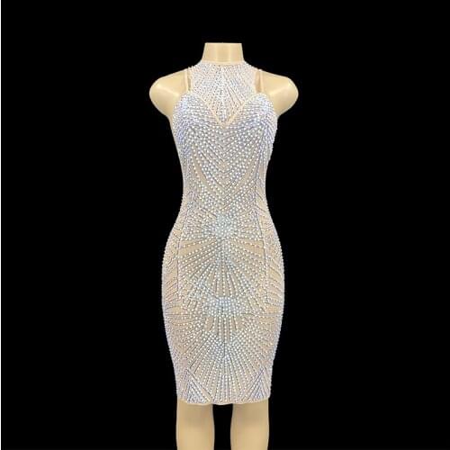 Silver Crystals Nude Transparent Mesh Dress Birthday Celebrate Party Dress Evening DS Performance Sexy Dancer Costume