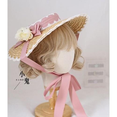 French Sweet Lolita Lace Bandge Bow Straw Hat Flat Hat Summer Cosplay Pastoral style Mori Girl Tea Party Sunhat Beach Cap
