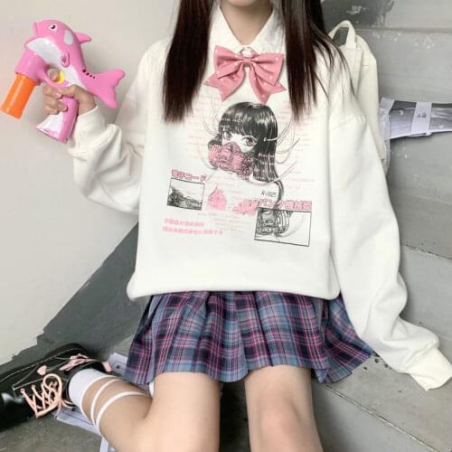 Deeptown Autumn Winter Kawaii Hoodie Women Harajuku Anime Print Sweatshirt Japan Style White Thick Pullover E Girl Cute Tops