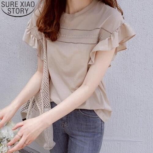 Korean 2021 New Summer Short Sleeve Cotton Blouse Women Shirt Sweet Ruffled Tops Fashion Round Collar Clothes Blusas Mujer 15244