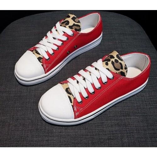 Plus Size 35-43 Women Sneakers Patchwork Casual Shoes Female Leopard Canvas Shoes For Woman Tenis Vulcanize Shoes Red 8353G