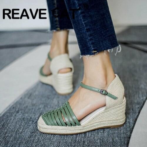 REAVE CAT Sweet Fashion Buckle Womens Sandals 2021 Hemp Espadrilles Wedged High Heels Newest Quality Party Dancing Shoes Woman