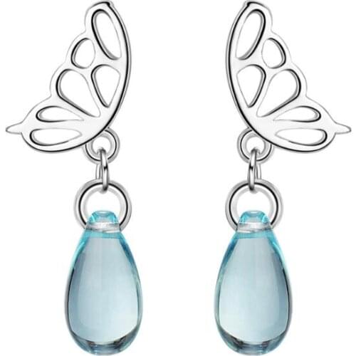 New Butterfly Wing Water Drop Blue Crystal Dangle Earrings For Women Trend 925 Sterling Silver Jewelry Party Gift Brincos SAE77