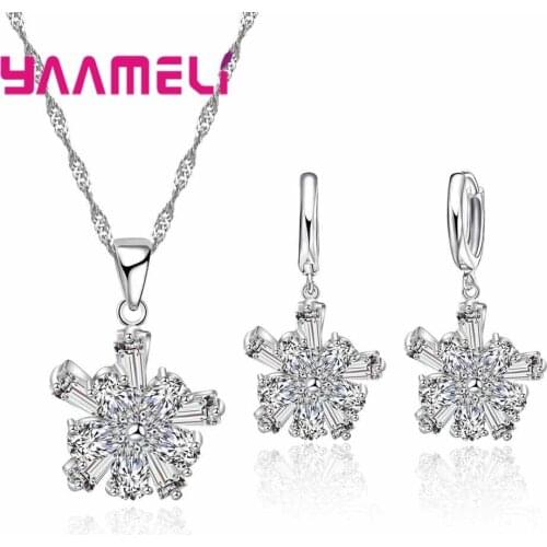 New Beautiful Flower 925 Sterling Silver Jewelry Sets Crystal Pendant Necklace Earrings for women Valentines Day Gifts