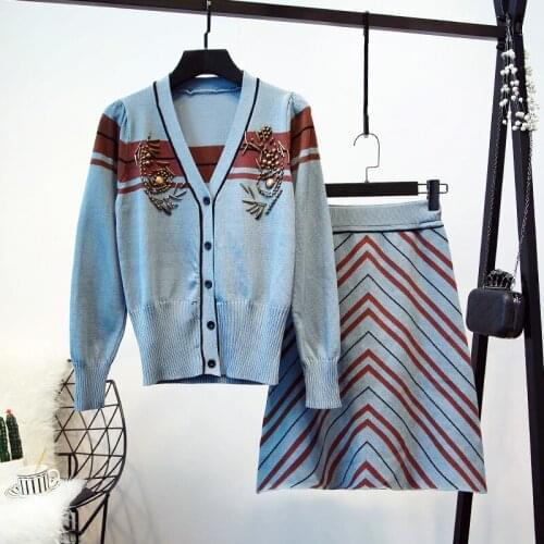 2019 Fall/winter womens suit elegant cardigans coat +knitting skirts 2pieces set A761