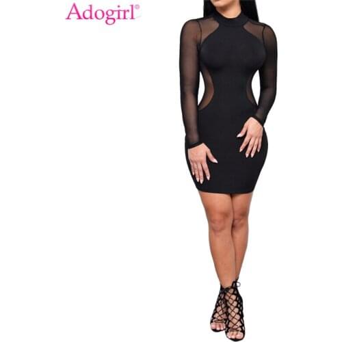 Adogirl Women Sheer Mesh Patchwork Bandage Dress Long Sleeve Keyhole Back Bodycon Mini Club Party Dresses