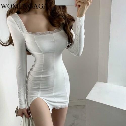 WOMENGAGA Spring Sexy Low Chest Solid Color Temperament Pack Buttock Patchwork Lace Slit Long Sleeve Square Collar Mini Dress P8