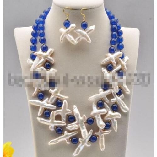 2row White Cross Pearl Blue bead Necklace Earrings Set 20 inch