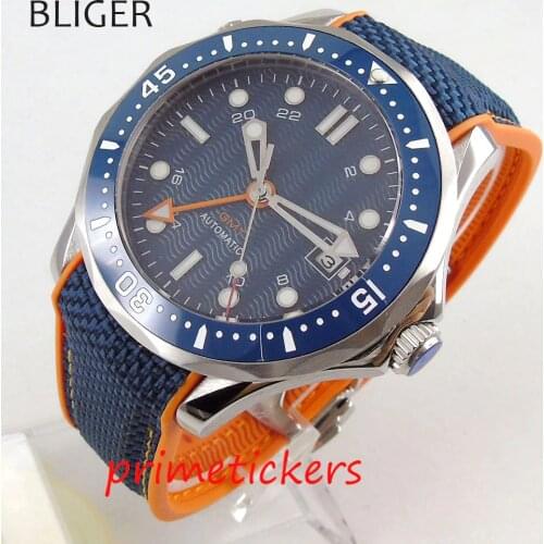 Automatic movement BLIGER 41mm blue dial GMT sapphire glass rotating bezel date window rubber strap