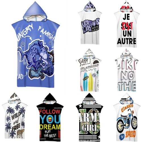 Microfiber Fabric Quick Dry Adult Bath Beach Towels Trendy Hip-Hop Print Changing Bathrobe Cloaks Hooded Gym Surf Beachwear