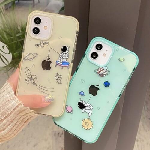 Cartoon Astronaut Planet Stars Phone Case For iPhone 11 12 Pro Max Mini X XS XR 7 8 Plus Candy Color Clear Shockproof Soft Cover