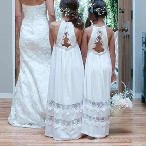 Long Bohemian Chiffon Lace Flower Girl Dress for Wedding Boho A-Line Halter Kids Bridesmaid Gown Formal Part Birthday Wear