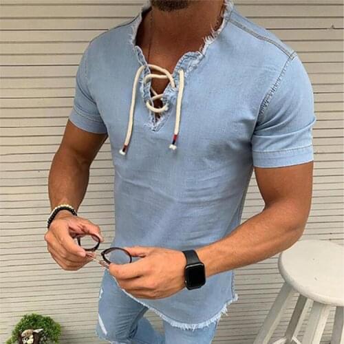 Denim Mens Lace Tassel Denim T-shirt Soild Color Summer Casual Short Sleeve T-Shirts For Mens Pullover Tops Male Tee Streetwear