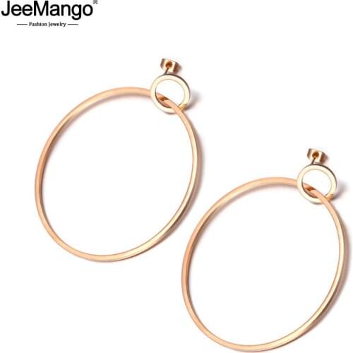 JeeMango Trendy Jewelry Office Style Double Circle Exaggerated Earrings Rose Gold Color Stainless Steel For Women Gifts JE18074