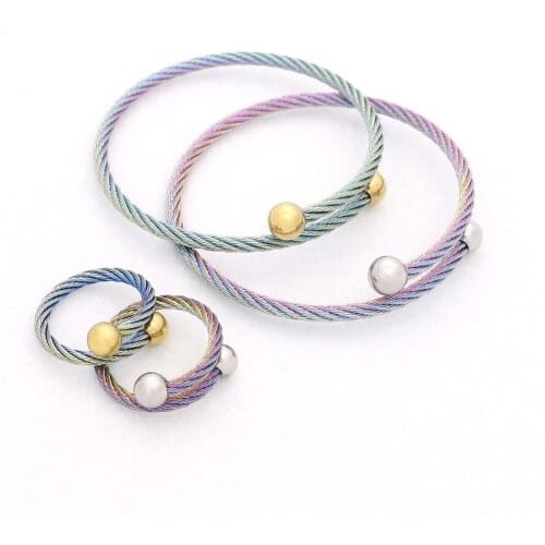 JSBAO New Arrivals Womens Fashion Jewelry Gold Colourful Stainless Steel Wire Bead Cuff Bracelet Ring Jewelry Set
