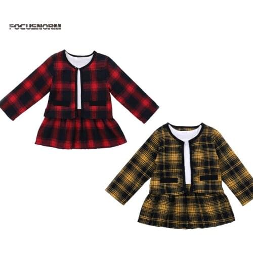 FOCUSNORM 0-4Y Autumn Girls Lovely Clothes Sets Plaid Print Long Sleeve Dress Tops+Coat Party 2pcs