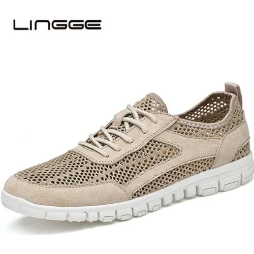 LINGGE New Men Sport Shoes Summer Comfortable Mesh Men Outdoor Sneakers Breathable Lightweight Non-slip Flats Plus Size38-45