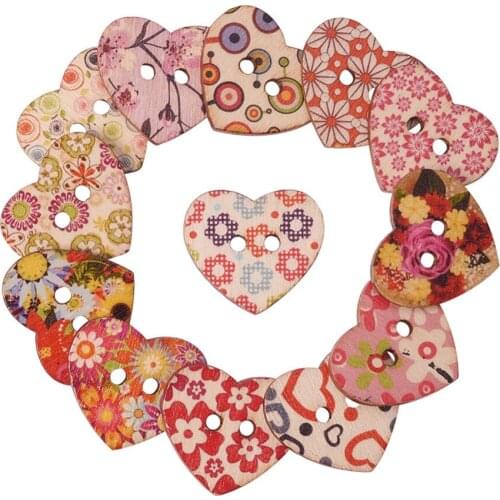 Sweetheart Painting Buttons with 2-hole, Wooden Buttons, Mixed Color, about 23mm long, 25mm wide,Hole:2mm, 100pcs/bag