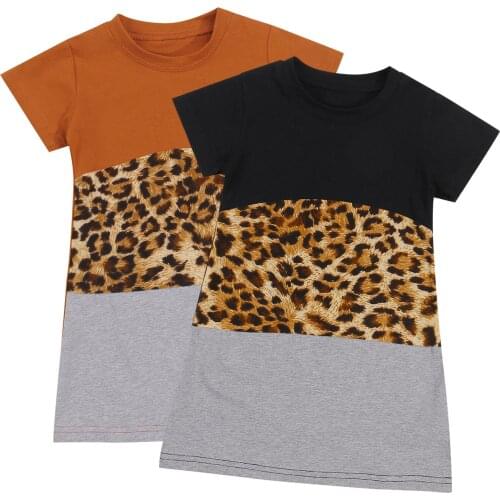Fashionable Baby Girls Summer Casual Short Sleeve Dress Fashion Leopard Print Cotton Stitching A-line Princess Dresses
