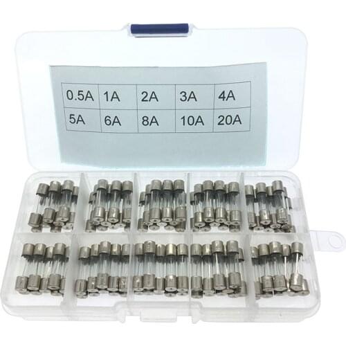 100pcs/lot Set Kit 5x20mm Fuse Assorted Kits DIY Quick Blow Glass Tube Fast-blow Glass Fuses 0.5A 1A 2A 3A 4A 5A 6A 8A 10A 20A