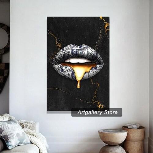 Canvas Wall Art Money Talks, Poster Gold Drip Lips Painting Motivational Prints on Canvas Giclee Modern Home Decor Picture
