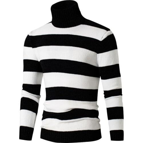 Autumn Winter Knitted Sweater Men Turtleneck Pullovers Fashion Striped Turtleneck Sweater Mens Casual Slim Fit Knit Sweater Men