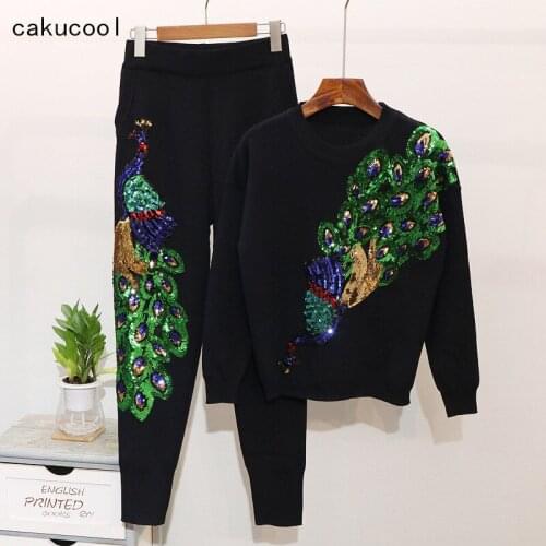 Cakucool Autumn Two Piece Knit Set Beading Long Sleeve O Neck Peacock Embroid Sweater and Pants Suit Casual Womens Set Conjunto