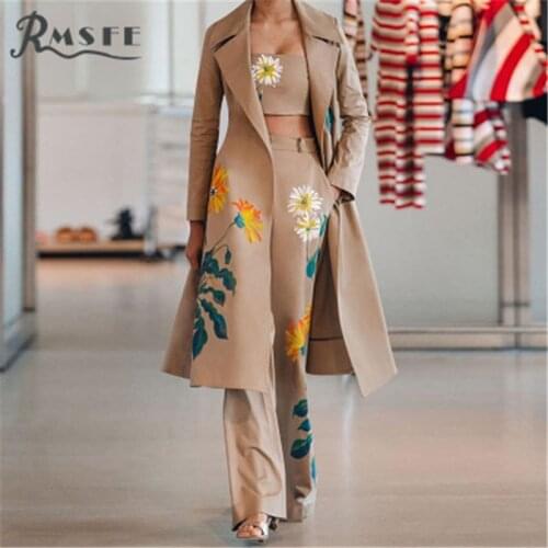 RMSFE 2021 Womens Autumn And Winter Bra Top Long Sleeve Printed Windbreaker + Trousers Casual Fashion Three Piece Set
