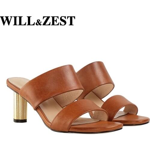 Will&Zest Sandals Ladies Burnished Leather Flower Plating Metal Covering Block Heel Womens Footwear Stripper Pole French Style