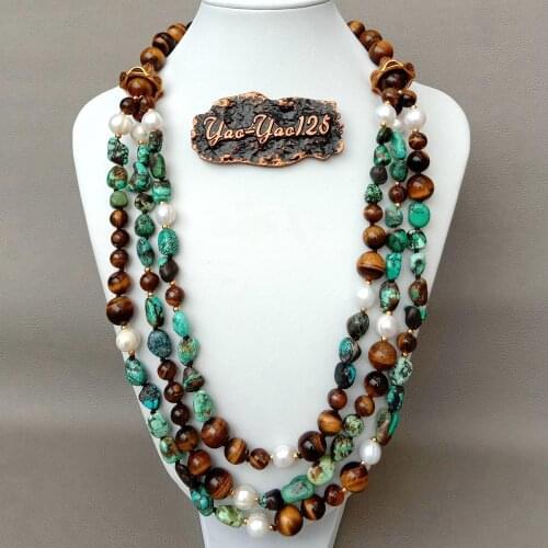 Y·YING Multi Strand Natural Turquoises Freeform White Freshwater Pearl Tiger Eye Round Necklace 23"