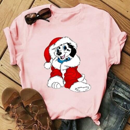 Christmas Pink Ladies Short Sleeve Loose Round Neck Female Top Tee Shirt Fun Cartoon Dog Print Women Top